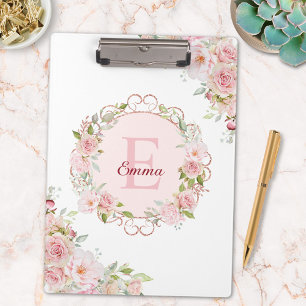 Porte-bloc Fleurs de rose rose poudré en aquarelle à monogram