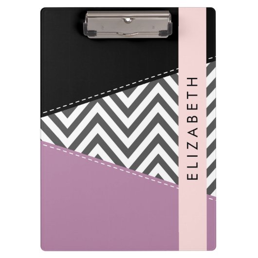 Porte-bloc Grey Zigzag, Grey Chevron, Purple, Votre Nom (Devant)
