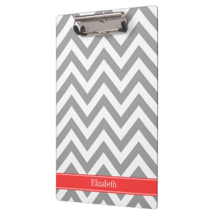 Porte-bloc Gris foncé Lg Chevron Coral Nom rouge Monogramme