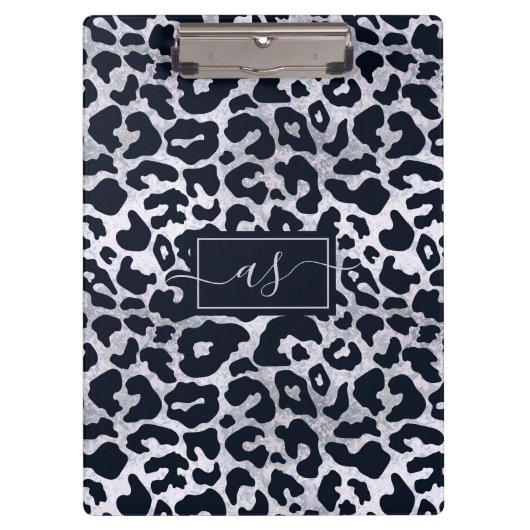 Porte-bloc Imprimé léopard noir argenté stylé avec monogramme (Devant)