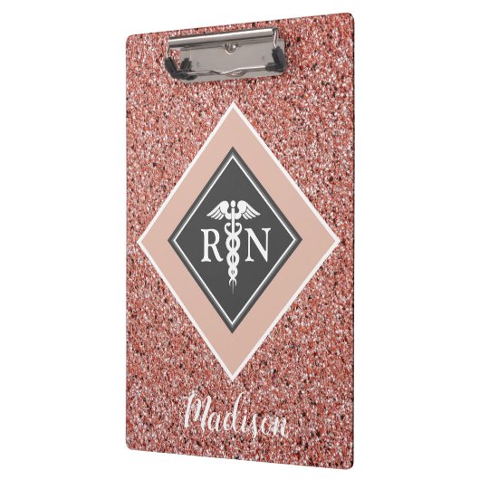 Porte-bloc Infirmière RN Rose Gold Parties scintillant Script (Gauche)