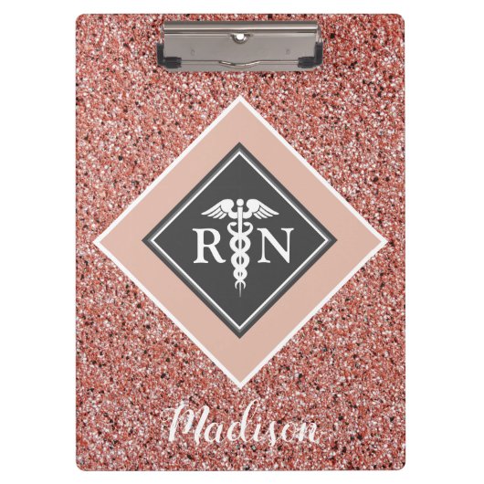 Porte-bloc Infirmière RN Rose Gold Parties scintillant Script (Devant)