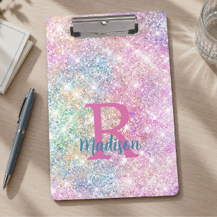 Porte-bloc Joli monogramme iridescent licorne rose faux paill