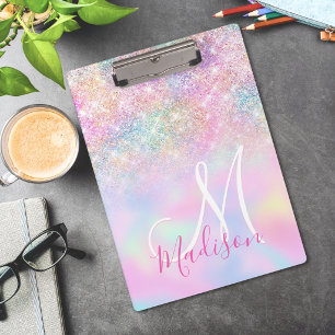 Porte-bloc Joli monogramme pailleté ombré de licorne iridesce