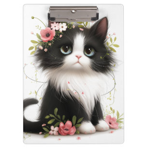 Porte-bloc Jolie Tuxedo Kitten avec Fleurs