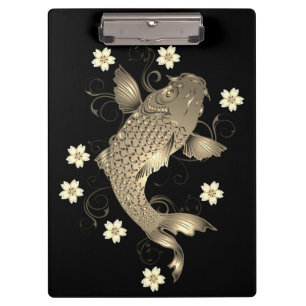Porte-bloc Koi poisson oriental noir et or floral élégant