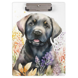 Porte-bloc Labrador Retriever noir et fleurs à l'aquarelle