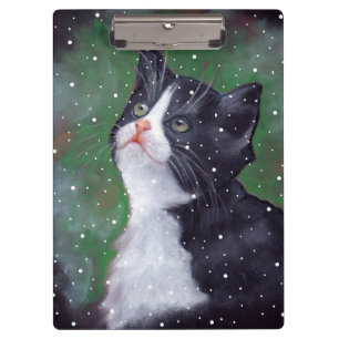 Porte-bloc Le chat de smoking regardant la neige, huilent