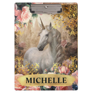 Porte-bloc Licorne blanche vintage aquarelle et roses roses