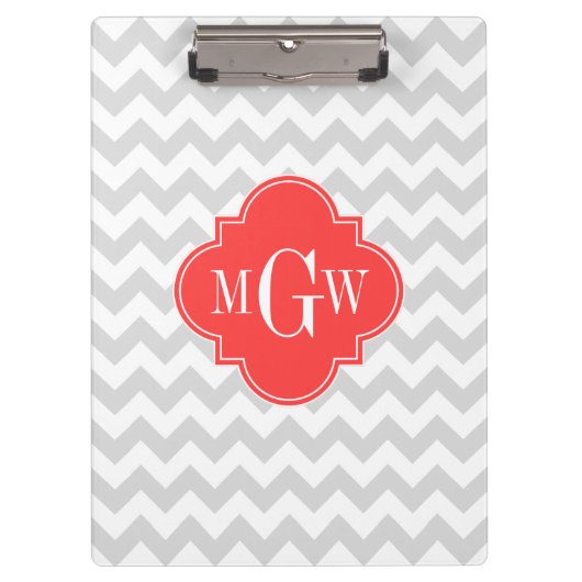 Porte-bloc Lt Grey Blanc Chevron Coral Quatrefoil Monogramme (Devant)