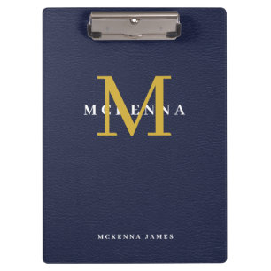 Porte-bloc Marine Bleu Monogramme Or Faux initial Cuir