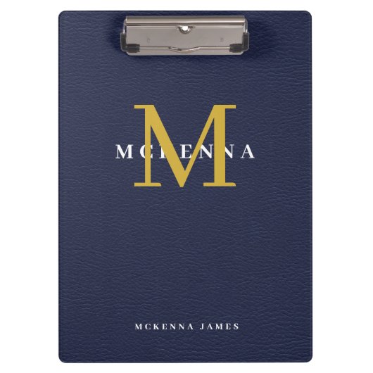 Porte-bloc Marine Bleu Monogramme Or Faux initial Cuir (Devant)