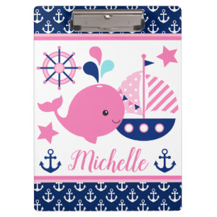 Porte-bloc Mignon motif baleine rose et ancres nautiques