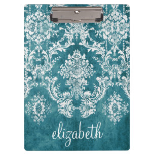 Porte-bloc Modèle de Damas gris turquoise Texte personnalis