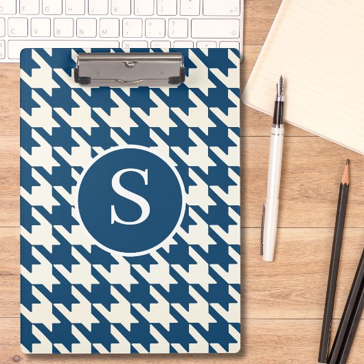 Porte-bloc Monogramme bleu et blanc classique Houndstooth