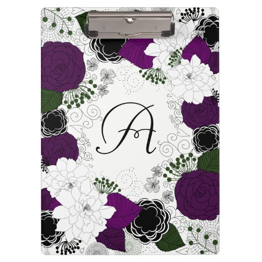 Porte-bloc Monogramme de couronne de fleurs violet et blanc (Devant)