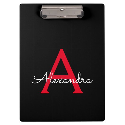 Porte-bloc Monogramme de nom de fille de script noir rouge (Devant)