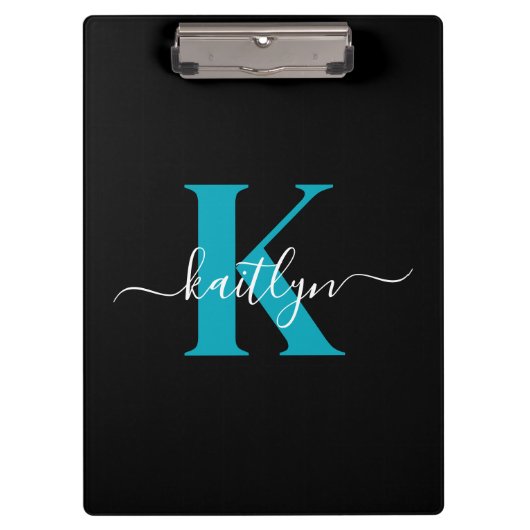 Porte-bloc Monogramme de script sarcelle noir moderne (Devant)