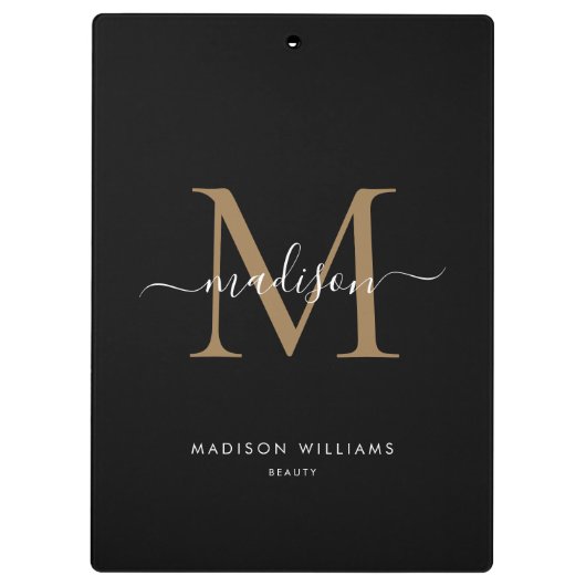 Porte-bloc Monogramme d'or noir moderne Nom de script élégant (Dos)