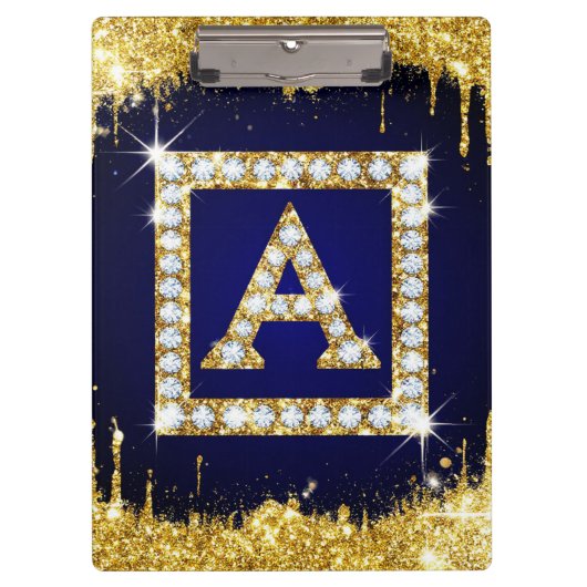 Porte-bloc Monogramme doré initial A avec paillettes bleues (Devant)