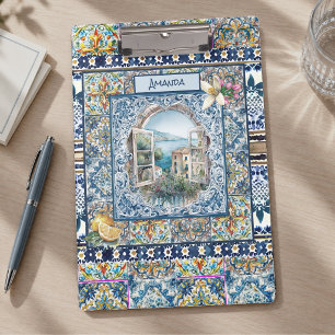 Porte-bloc monogramme floral italien d'été carreaux bleus agr