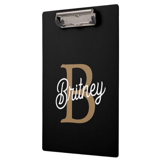 Porte-bloc Monogramme moderne élégant Nom Black Gold Script (Gauche)