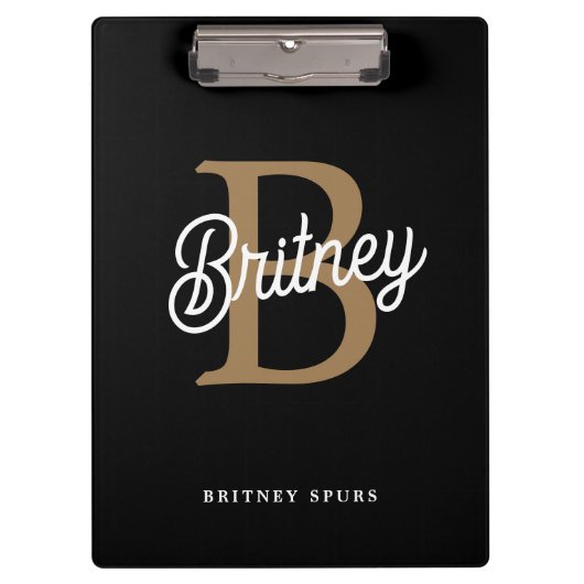 Porte-bloc Monogramme moderne élégant Nom Black Gold Script (Devant)