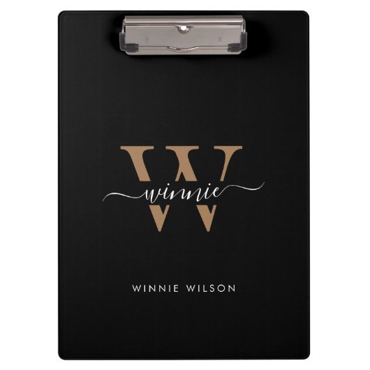Porte-bloc Monogramme moderne Noir Gold Nom de script minimal (Devant)