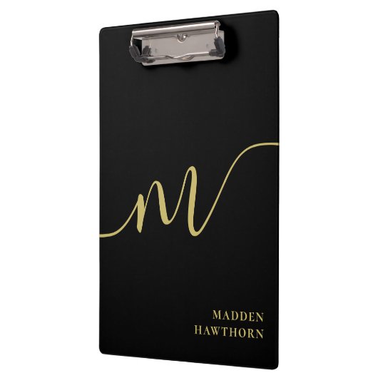 Porte-bloc Monogramme moderne Script Calligraphie Black Gold  (Gauche)