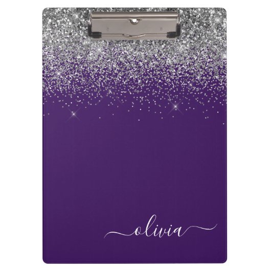 Porte-bloc Monogramme pailleté argent violet glamour fille (Devant)