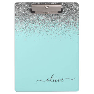 Porte-bloc Monogramme Pailleté Bleu Aqua Turquoise Argent