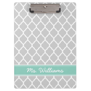Porte-bloc Monogramme personnalisé Gris et Aqua Quatrefoil