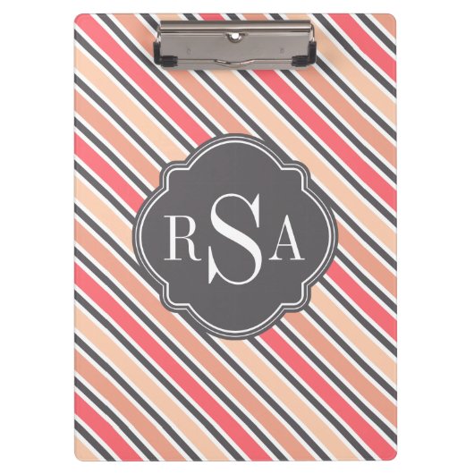 Porte-bloc Motif à rayures blanches gris rose monogramme (Devant)