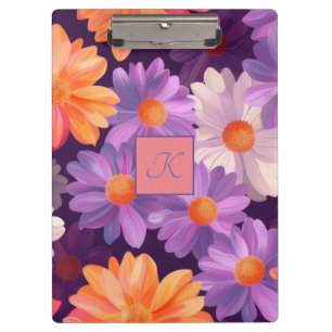 Porte-bloc Motif floral pourpre et orange avec monogramme