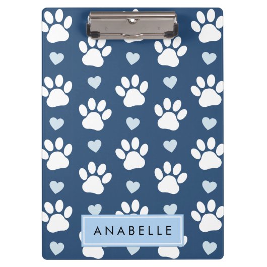 Porte-bloc Motif Paw, Paws Blancs, Coeurs Bleus, Votre Nom (Devant)