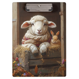 Porte-bloc Moutons et lapin douillets en Grange avec Fleurs
