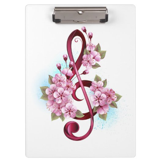 Porte-bloc Musical treble clef notes with sakura flowers (Devant)