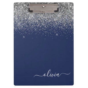 Porte-bloc Navy Blue Glitter Argent Nom Monogramme Féminin