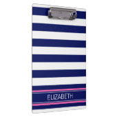 Porte-bloc Navy Blue Wht Horiz Stripe Hot Pink Nom Monogramme (Swatch)