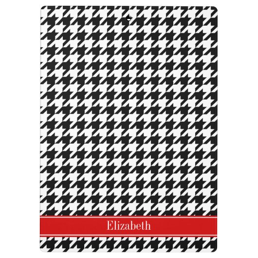 Porte-bloc Noir Blanc Houndstooth Nom rouge Monogramme (Dos)