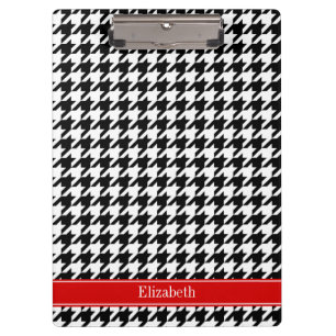 Porte-bloc Noir Blanc Houndstooth Nom rouge Monogramme