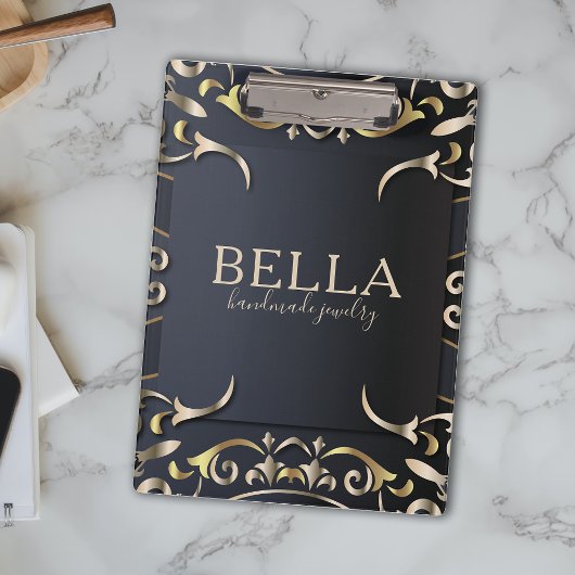 Porte-bloc Noir et Or Luxe Chic Baroque Nom d'entreprise