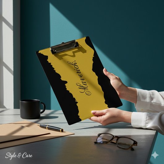 Porte-bloc noir et or M Gold avec nom affiché