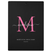 Porte-bloc Noir Magenta rose Monogramme élégant Nom du script (Dos)