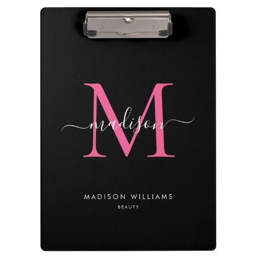 Porte-bloc Noir Magenta rose Monogramme élégant Nom du script (Devant)