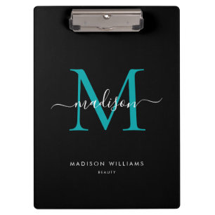 Porte-bloc Noir Turquoise Monogramme vert Élégant Nom de scri