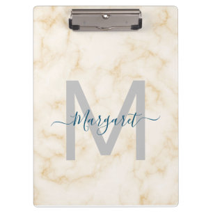 Porte-bloc Nom de script Monogramme Marbre Blanc Or