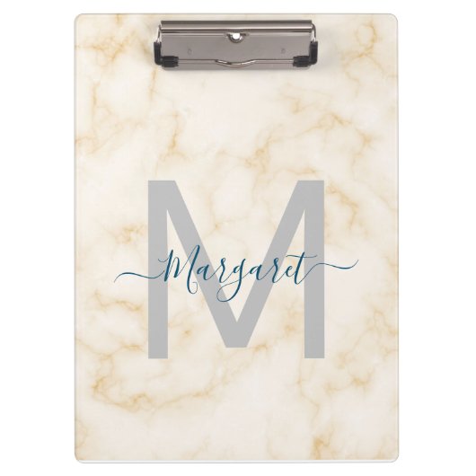Porte-bloc Nom de script Monogramme Marbre Blanc Or (Devant)