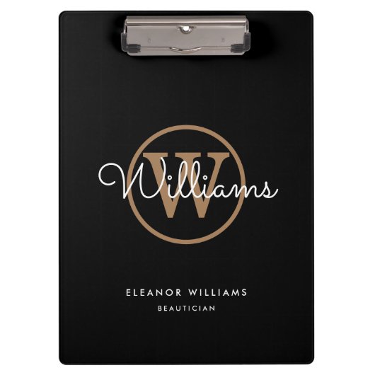 Porte-bloc Nom du monogramme Black Gold White Script (Devant)