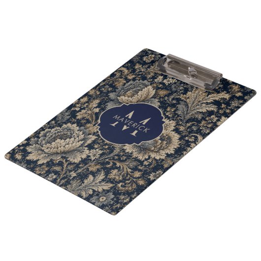 Porte-bloc Nom initial sur motif textile botanique Navy Gold (Incliné)